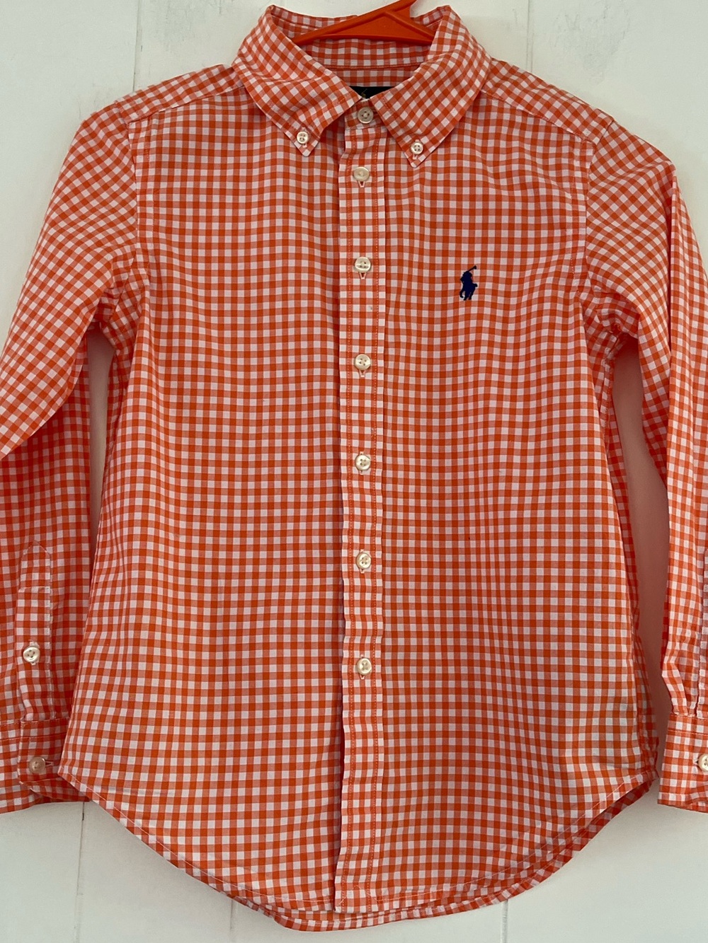 Ralph Lauren Oxford Boys Orange White Gingham Check Button-Down Shirt Size 8
